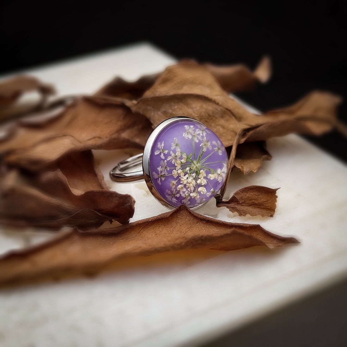 Purple Haze Ring: Captivating Lavender Background with Lace Flower Accents